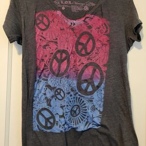 L.O.L. Vintage Gray Tee with Pink and Blue Peace Sign Design